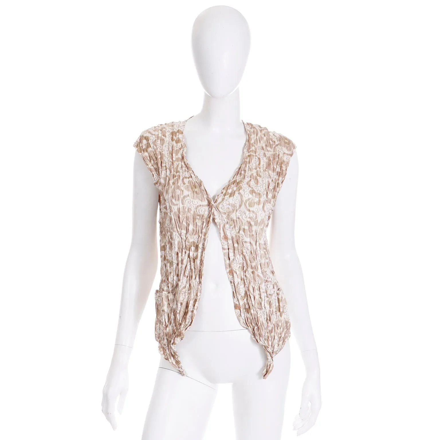 1990s Issey Miyake Brown White Crinkle Open Front Vest or Top