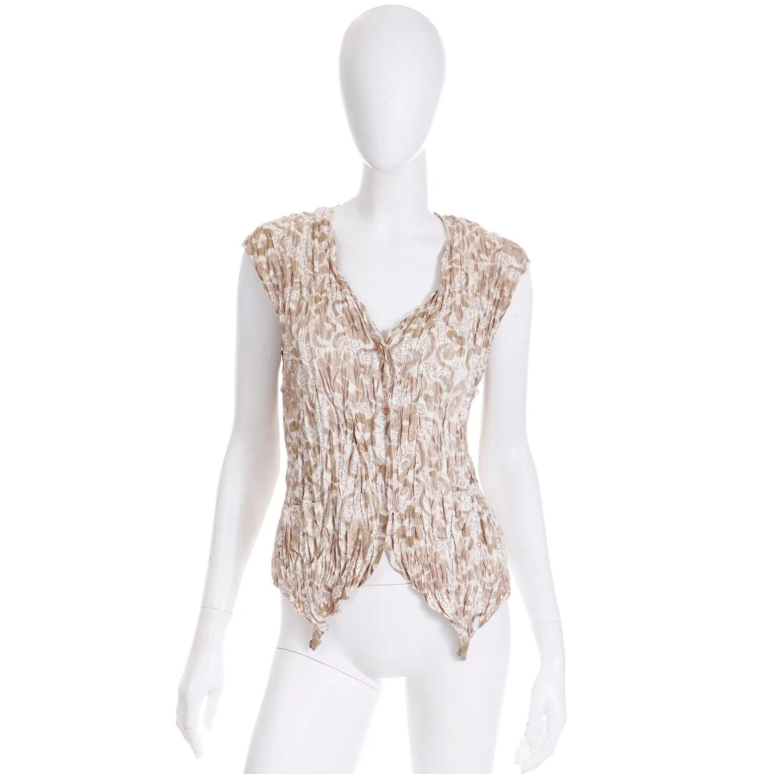 1990s Issey Miyake Brown White Crinkle Open Front Vest or Top