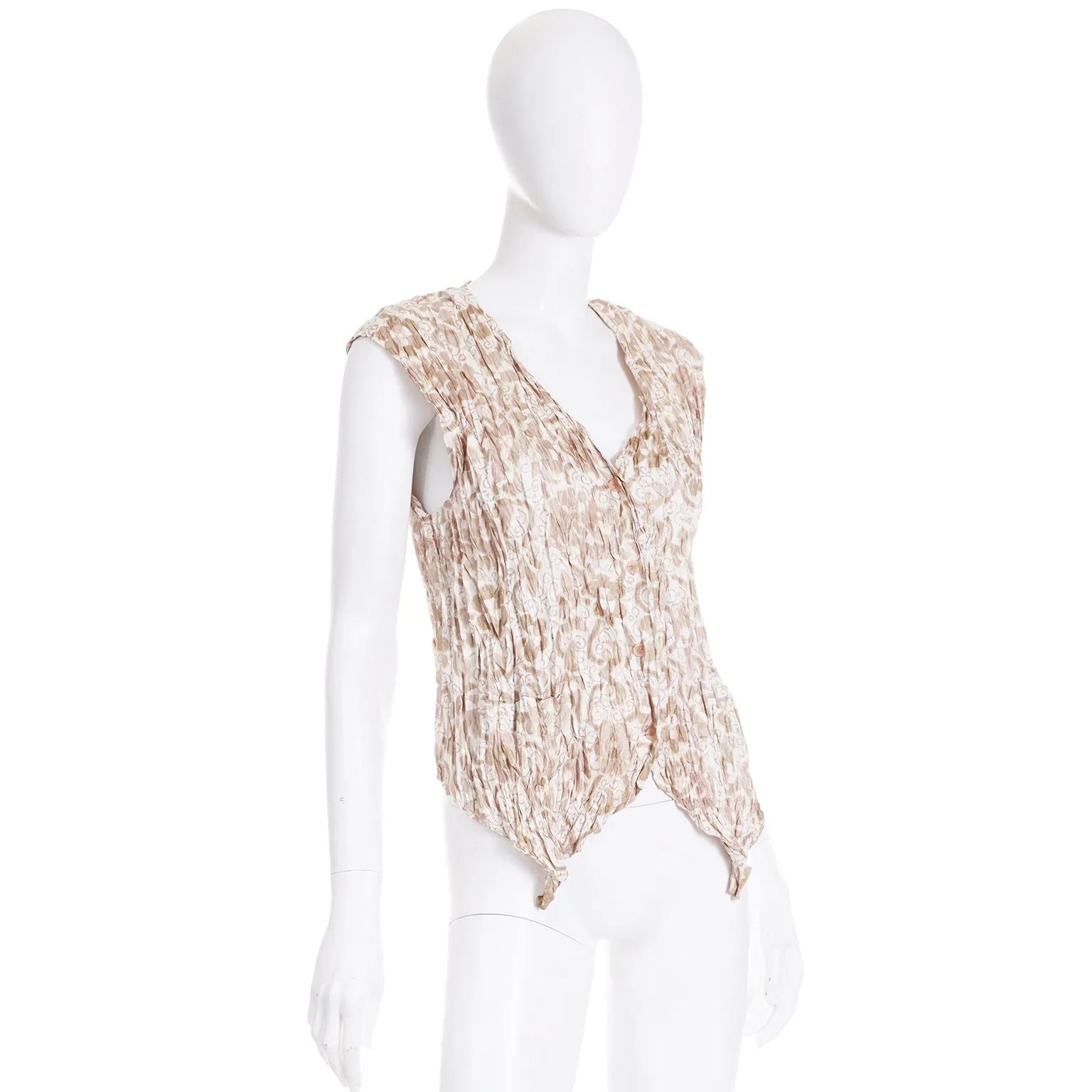 1990s Issey Miyake Brown White Crinkle Open Front Vest or Top