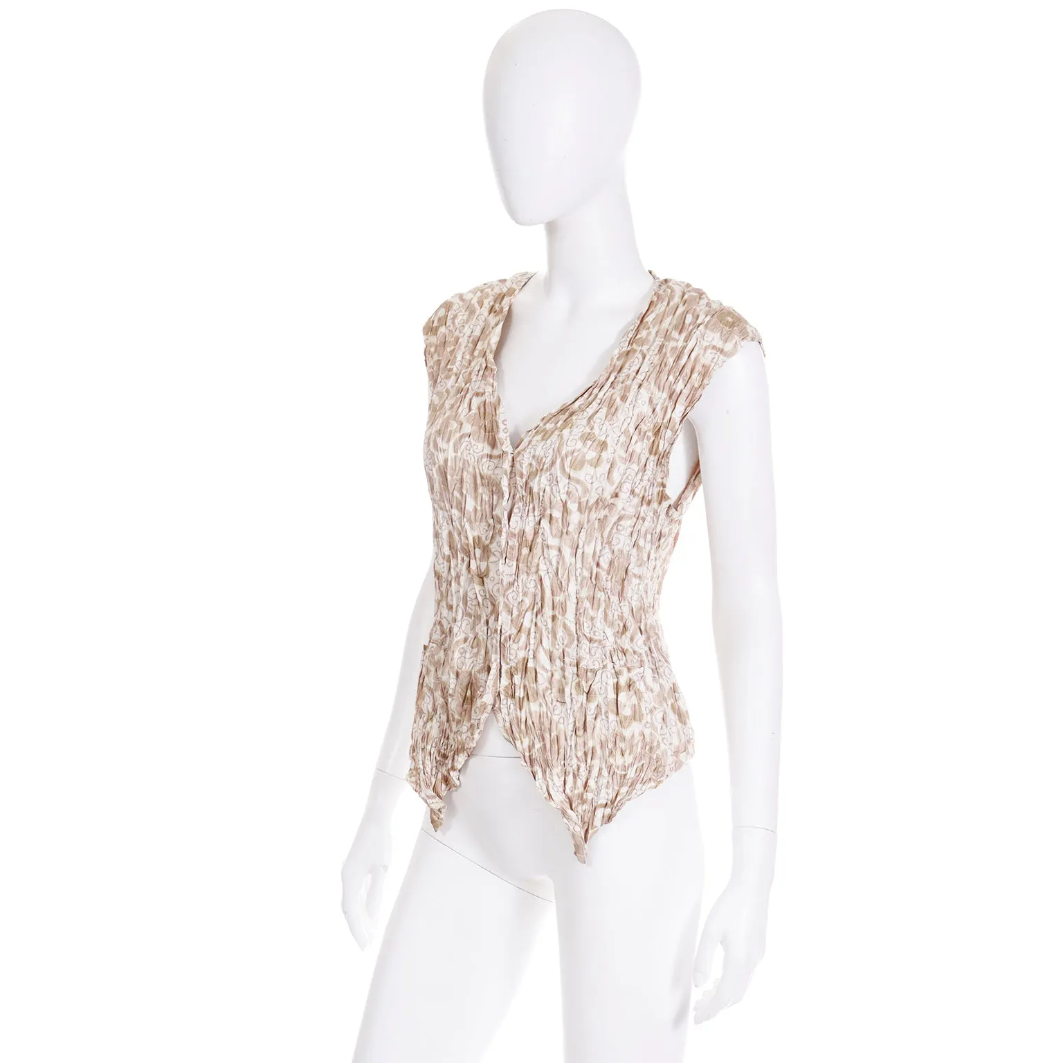 1990s Issey Miyake Brown White Crinkle Open Front Vest or Top