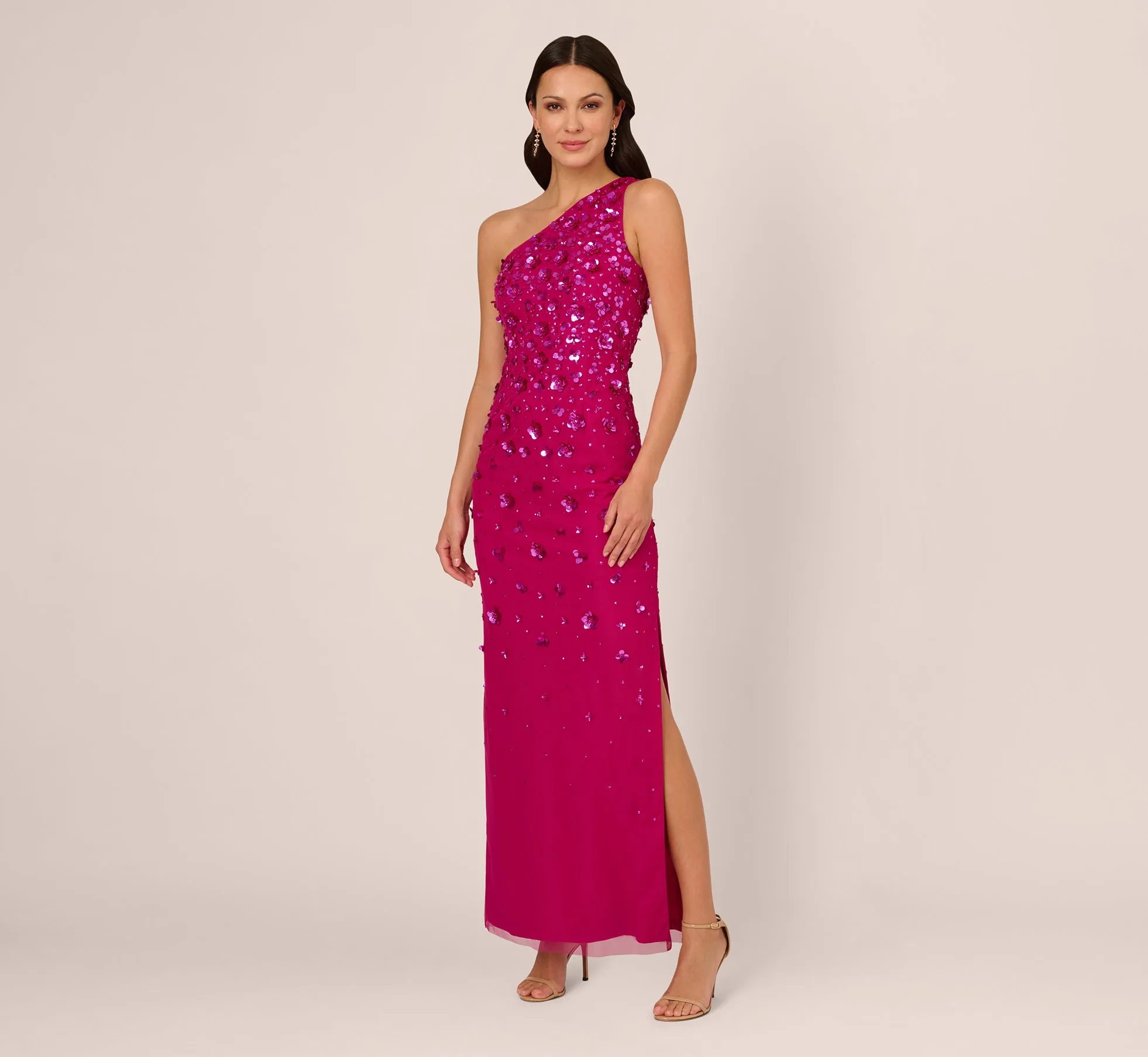 3D Floral Hand-Beaded One-Shoulder Long Column Gown In Hot Orchid