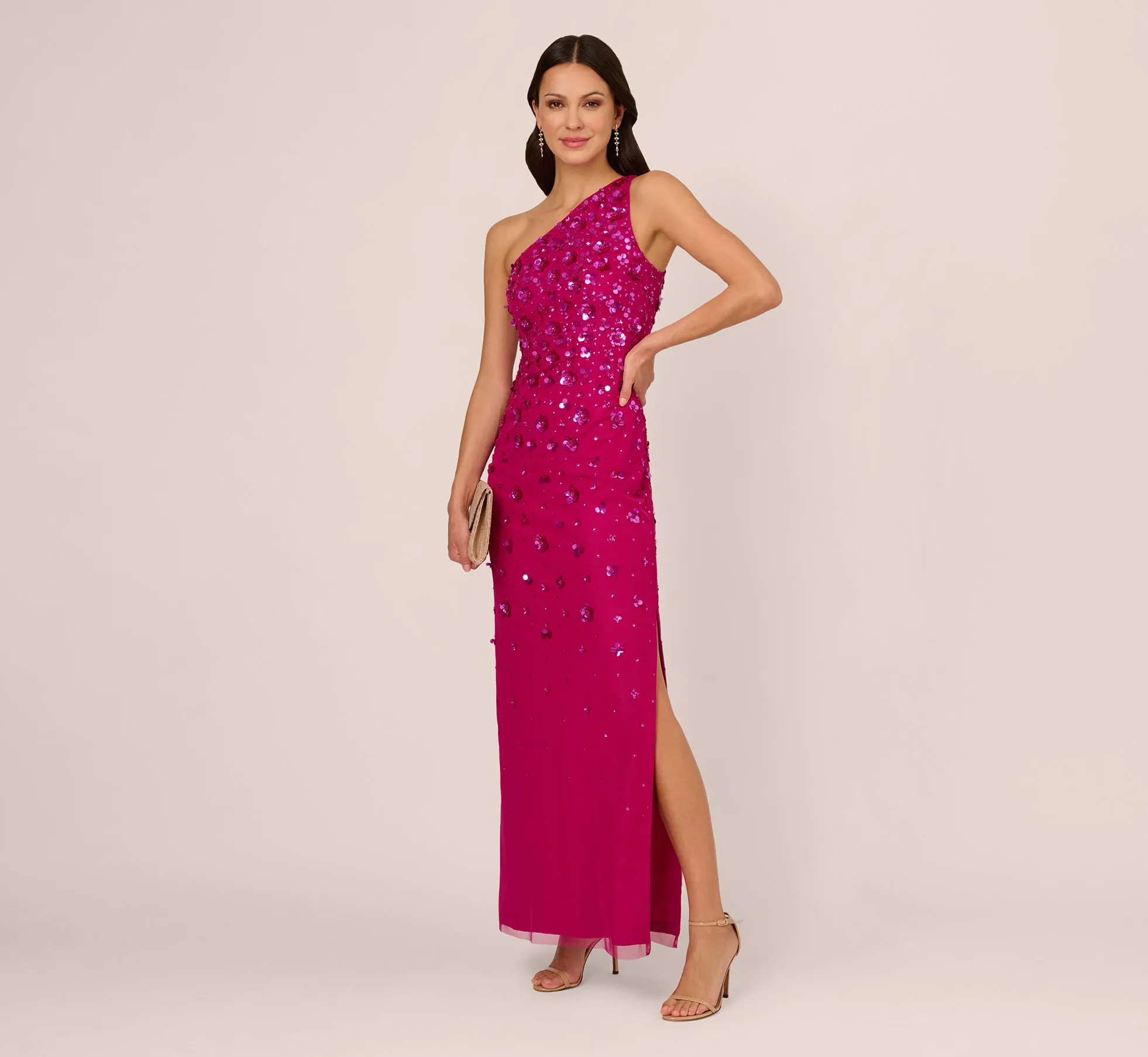 3D Floral Hand-Beaded One-Shoulder Long Column Gown In Hot Orchid