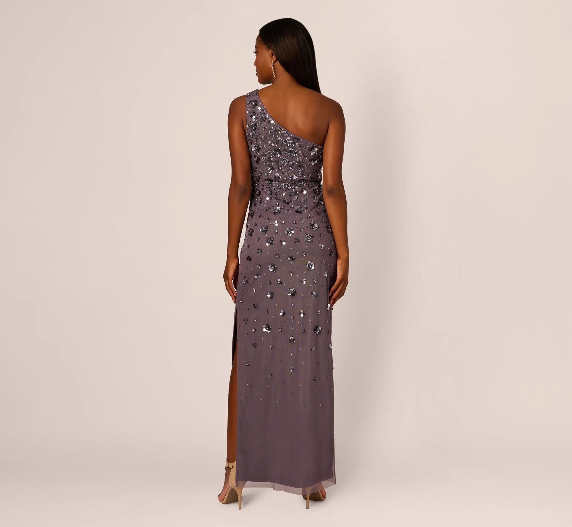 3D Floral Hand-Beaded One-Shoulder Long Column Gown In Moonscape