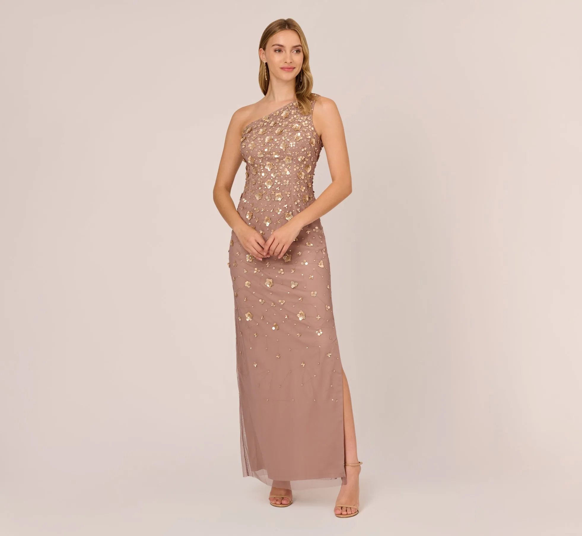 3D Floral Hand-Beaded One-Shoulder Long Column Gown In Stone