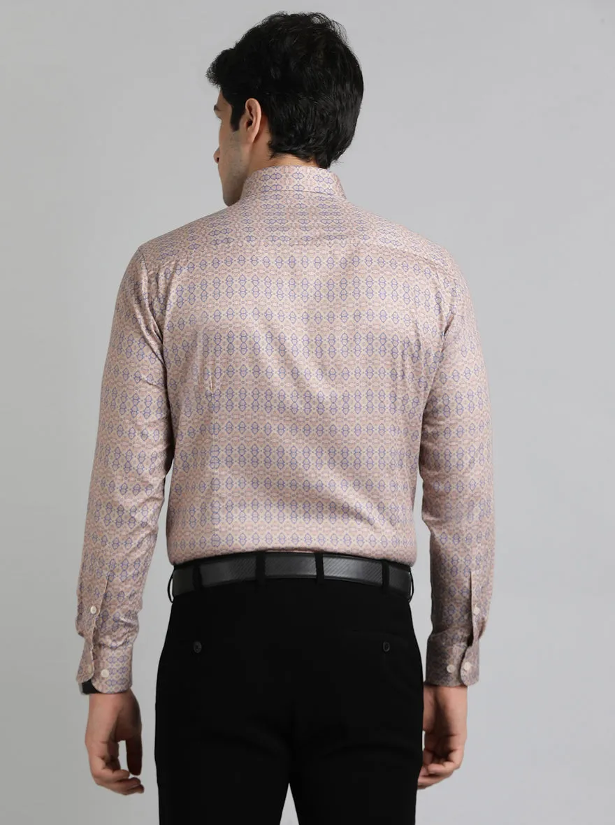 Beige & Blue Printed Slim Fit Formal Shirt | Metal