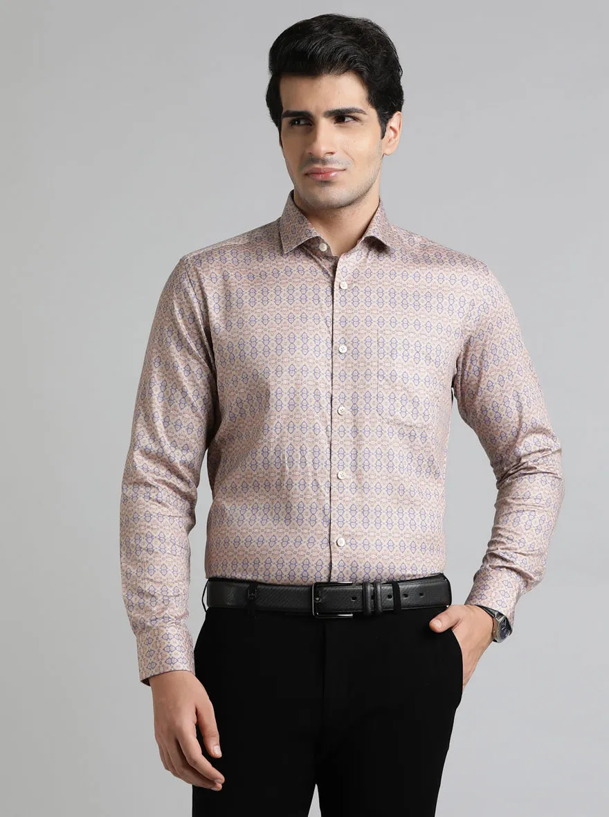 Beige & Blue Printed Slim Fit Formal Shirt | Metal