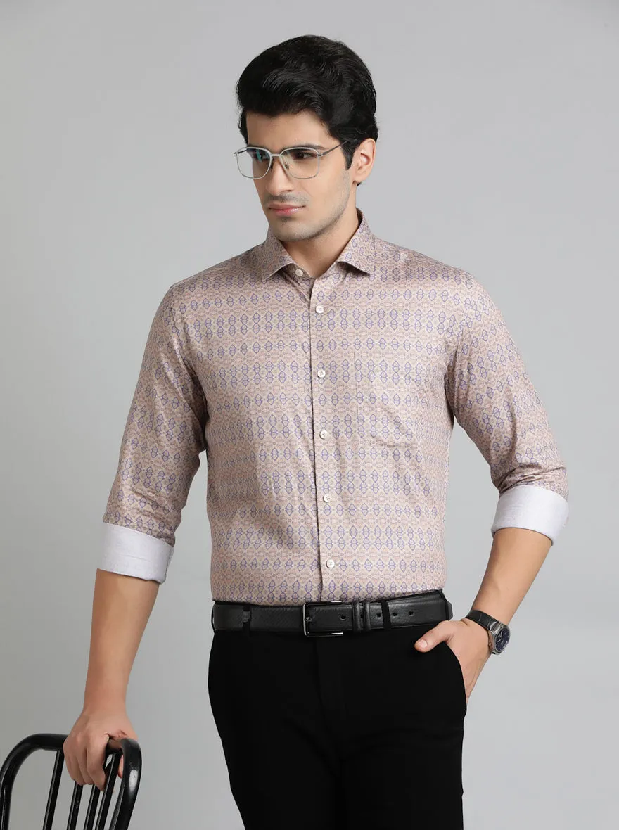 Beige & Blue Printed Slim Fit Formal Shirt | Metal