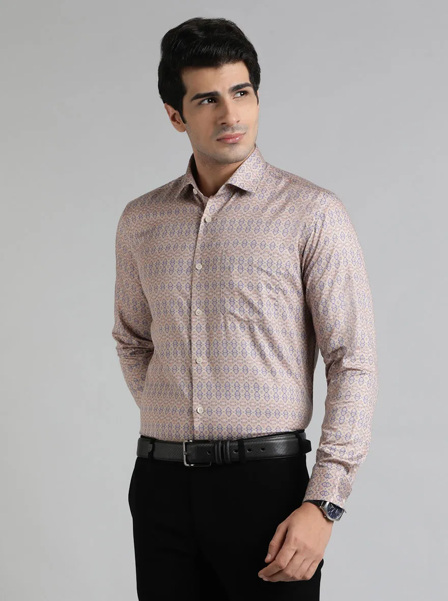 Beige & Blue Printed Slim Fit Formal Shirt | Metal