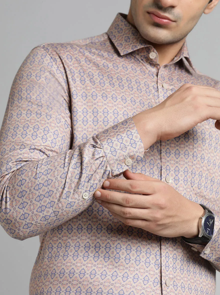 Beige & Blue Printed Slim Fit Formal Shirt | Metal