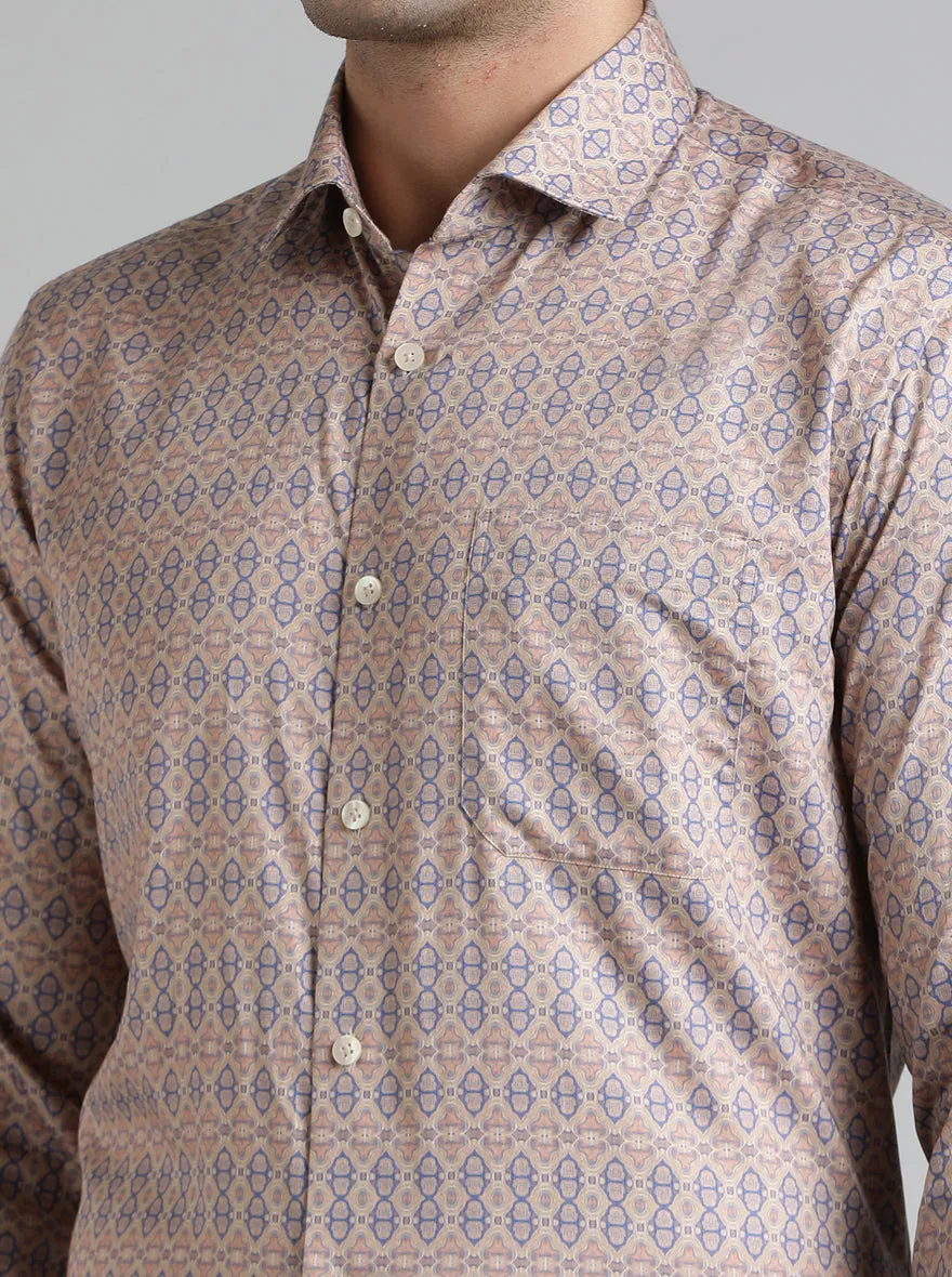 Beige & Blue Printed Slim Fit Formal Shirt | Metal