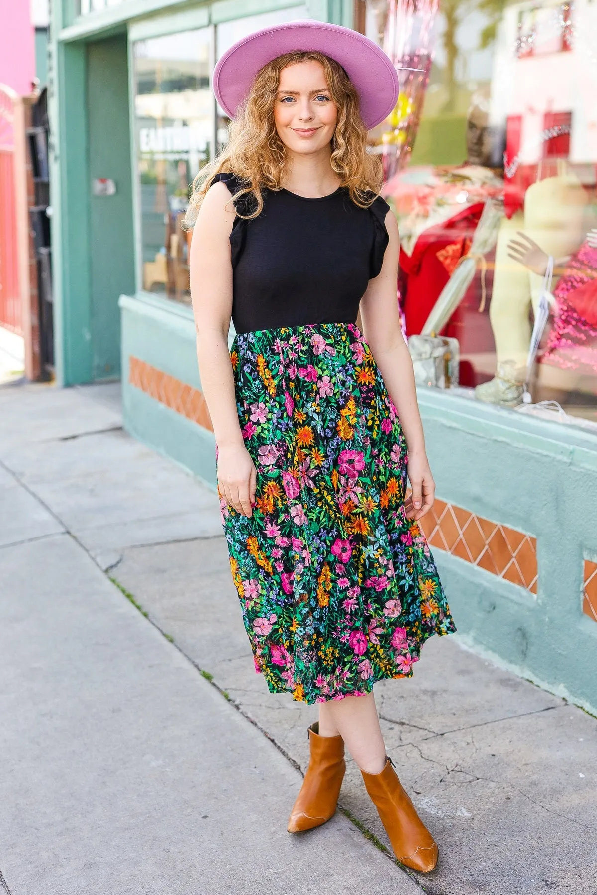 Black Multicolor Floral Lace Fit & Flare Lined Dress