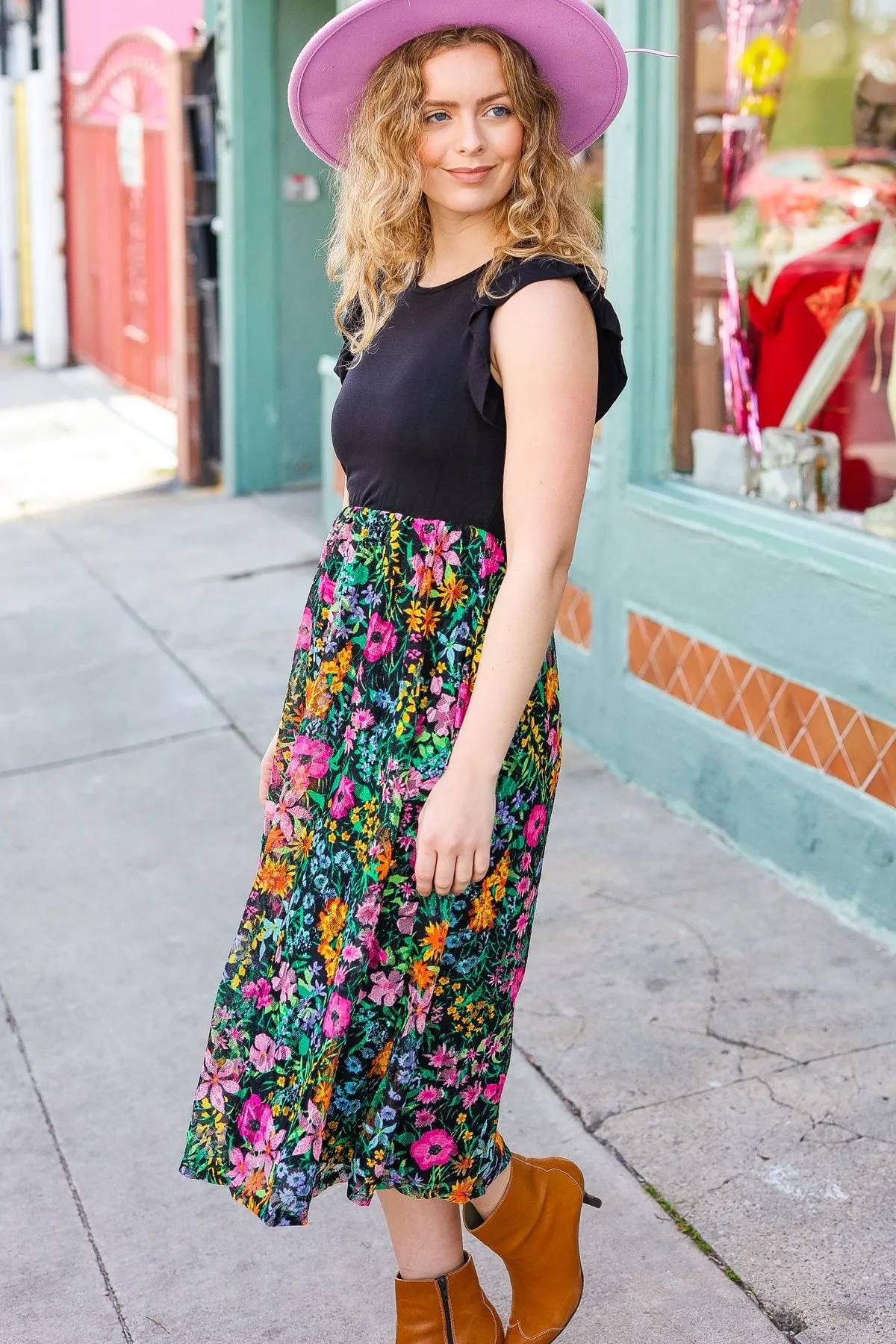 Black Multicolor Floral Lace Fit & Flare Lined Dress