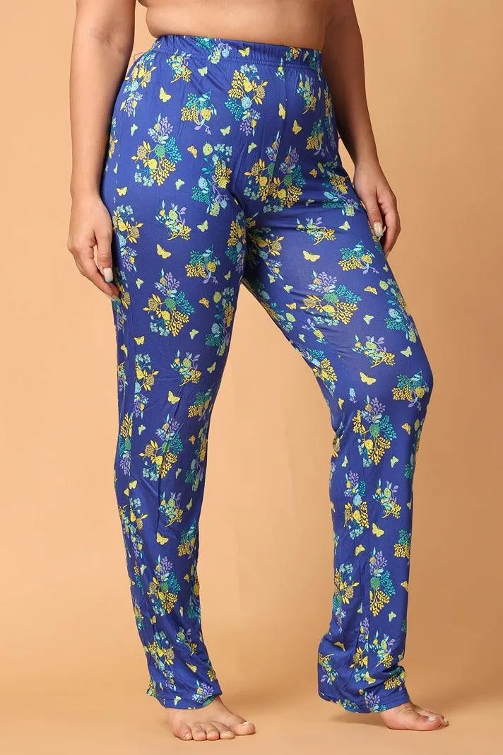 Blue Floral Printed Slip On Pyjamas