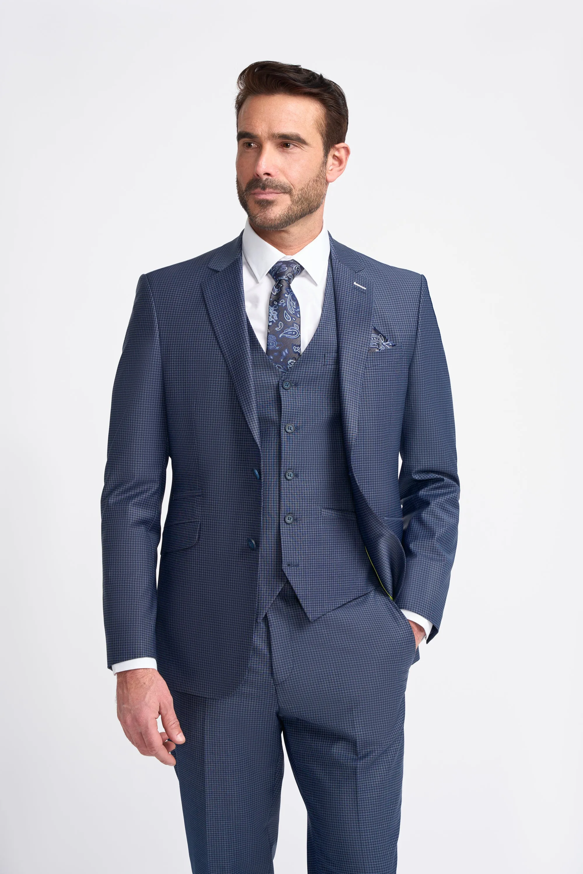 Bond Navy Check Three Piece Suit