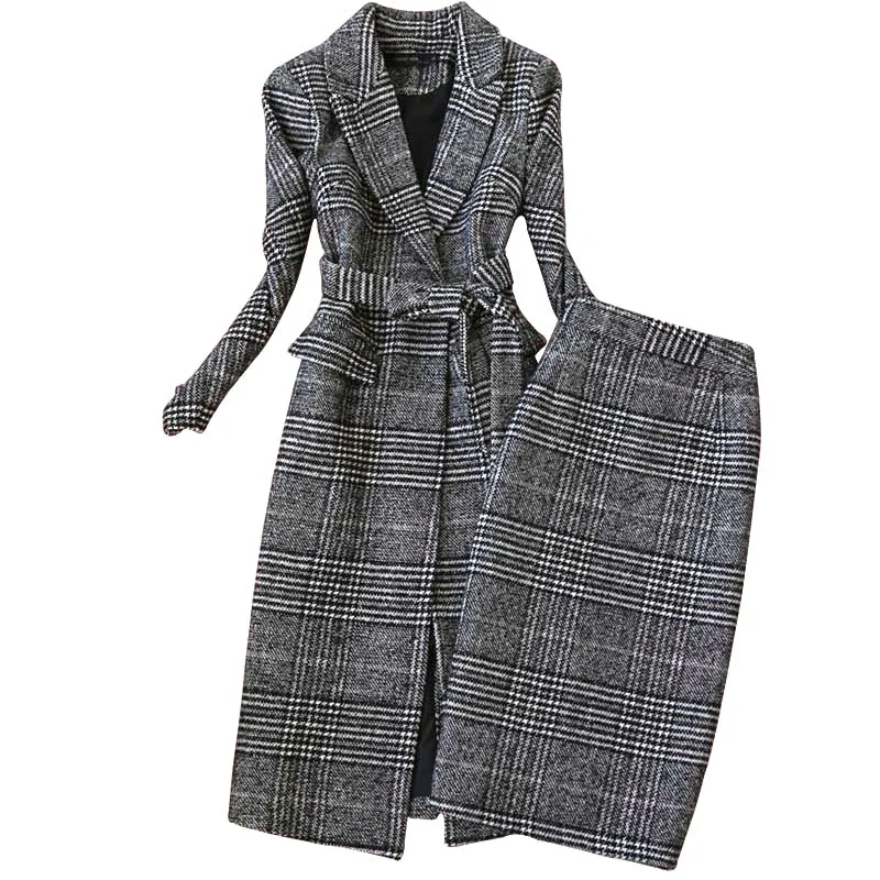 Checkered Pencil Skirt with Matching Overcoat Set