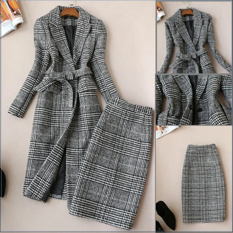 Checkered Pencil Skirt with Matching Overcoat Set