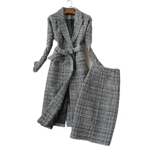 Checkered Pencil Skirt with Matching Overcoat Set