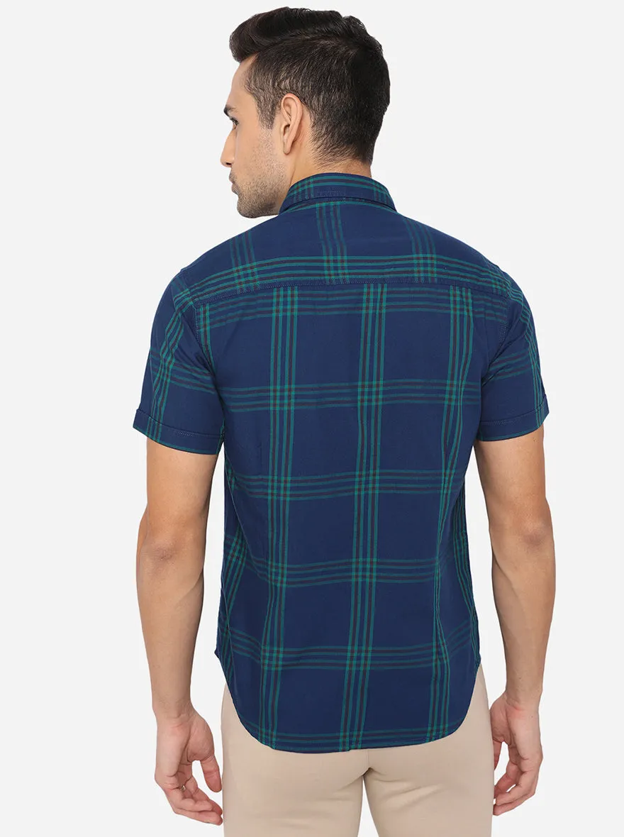 Colonial Blue Checked Slim Fit Semi Casual Shirt | Greenfibre