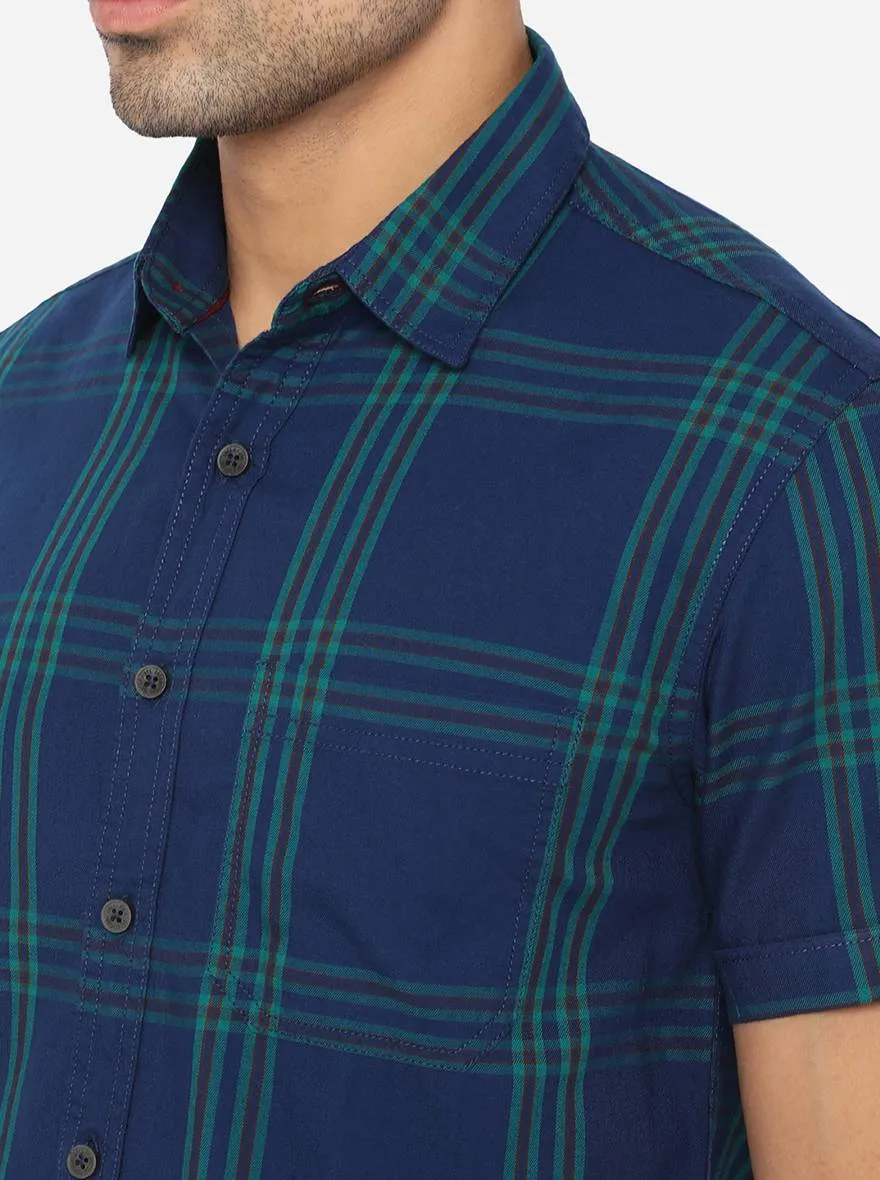 Colonial Blue Checked Slim Fit Semi Casual Shirt | Greenfibre