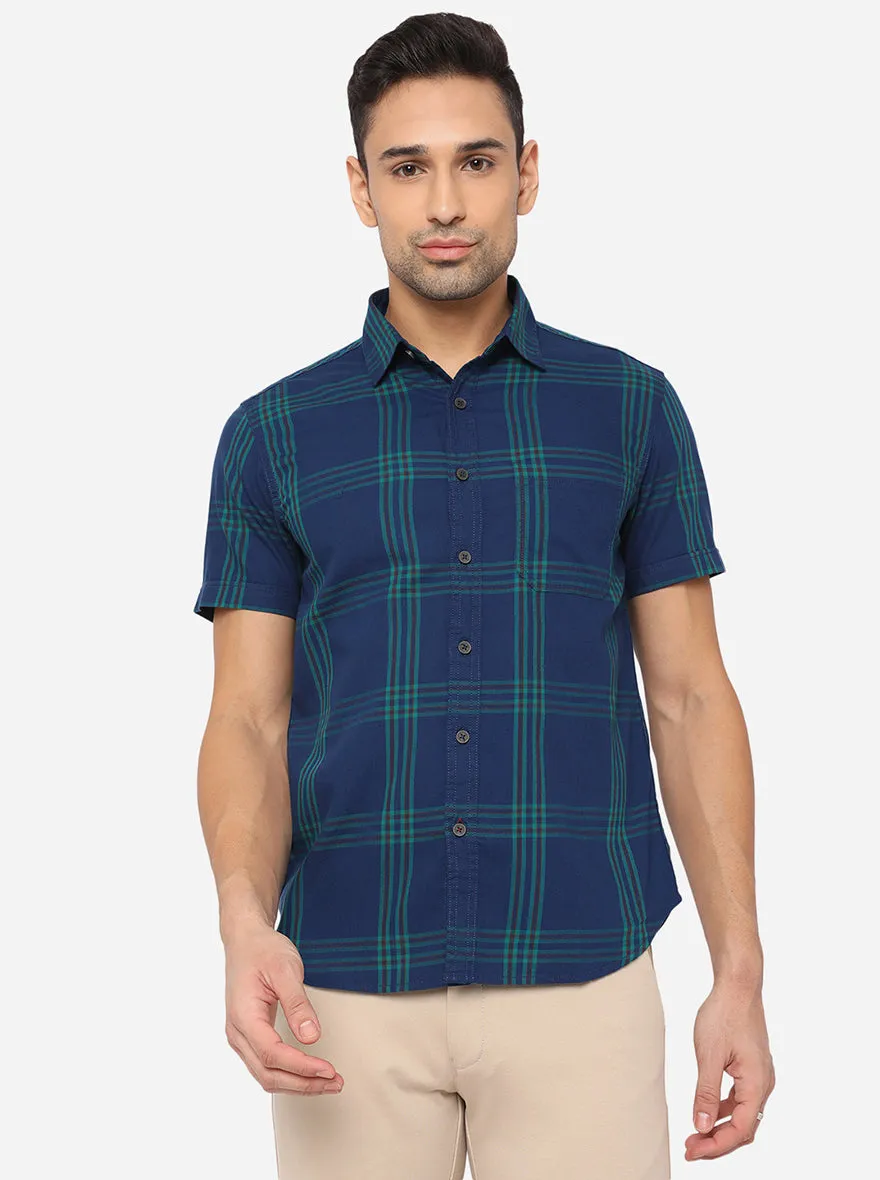 Colonial Blue Checked Slim Fit Semi Casual Shirt | Greenfibre