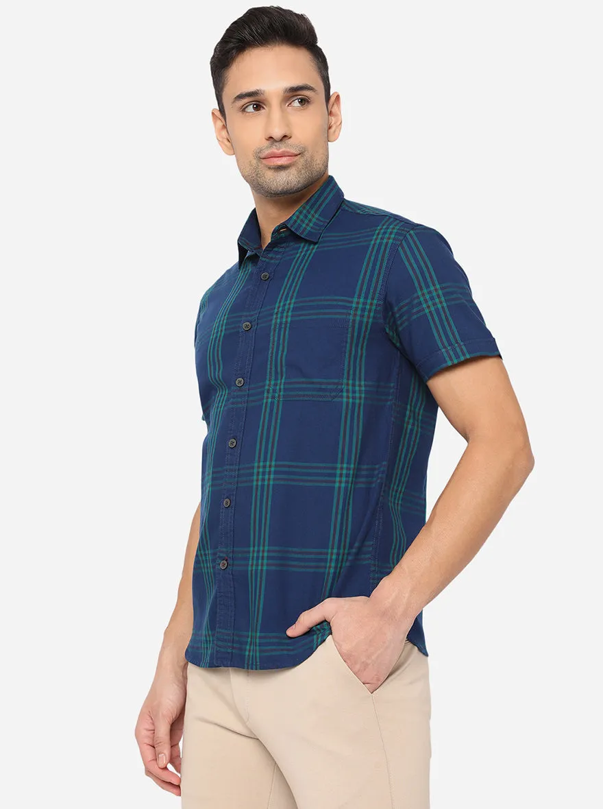 Colonial Blue Checked Slim Fit Semi Casual Shirt | Greenfibre