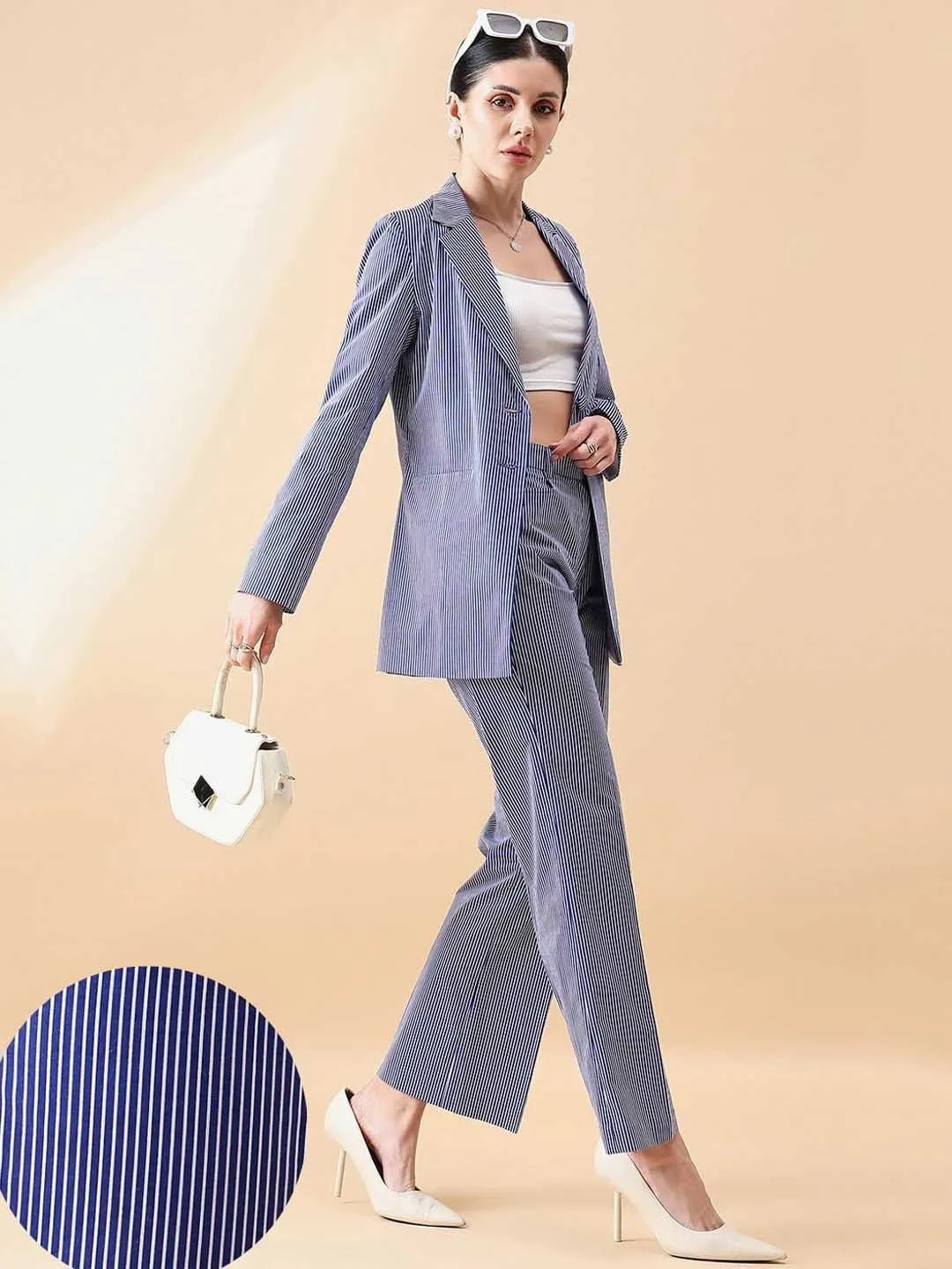 Cotton Stripe Pant Suit - Blue and White