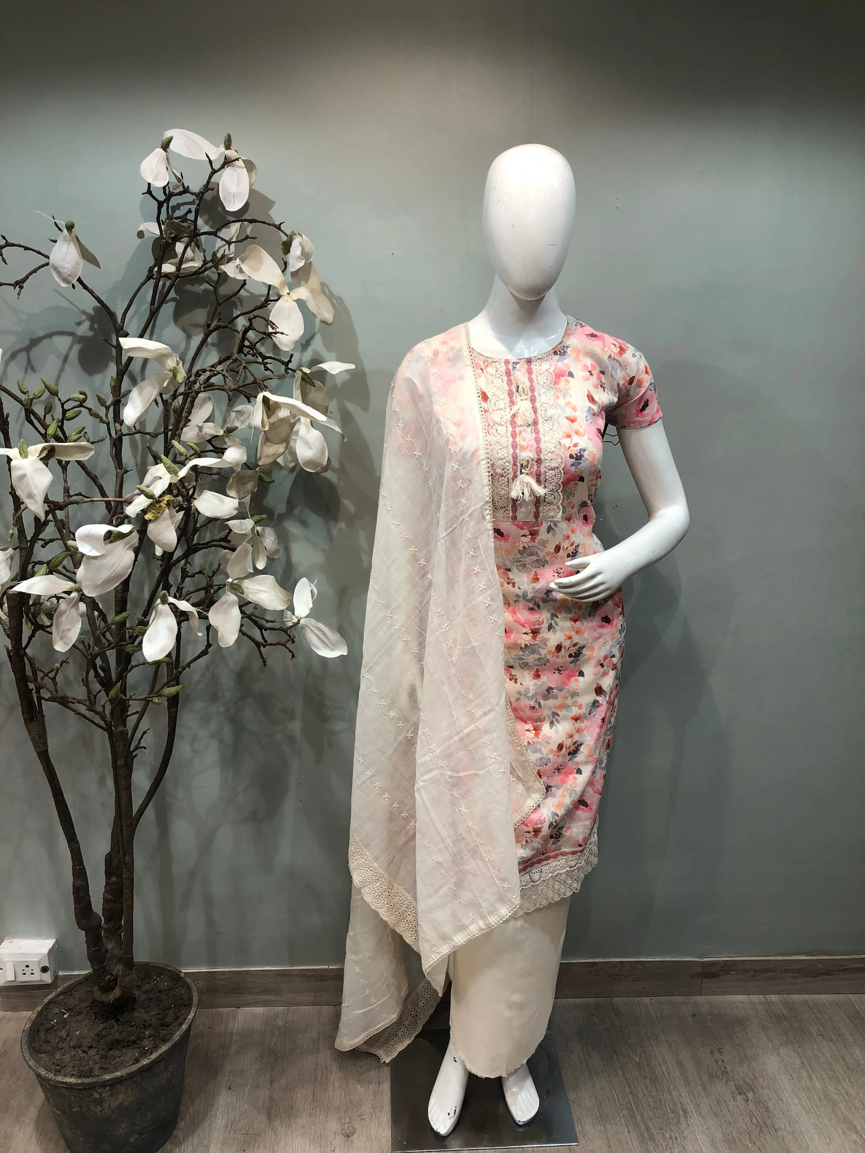 Cotton Unstitched Suit with Lace Work Embroidery