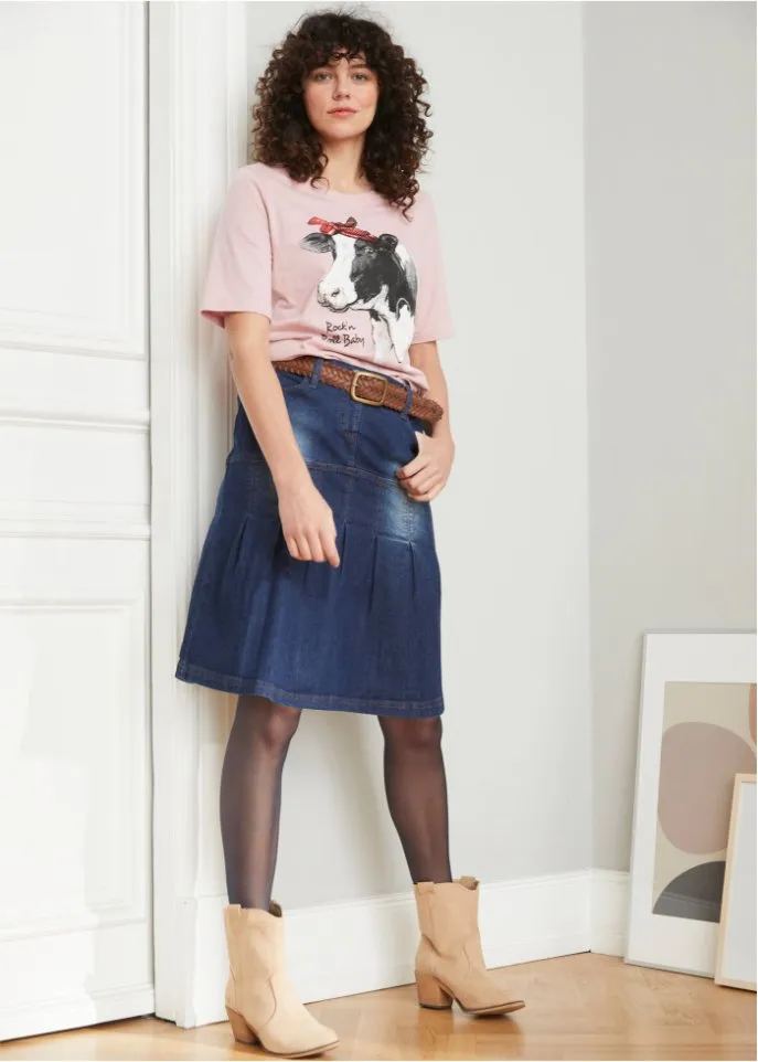 Denim skirt with pintucks and a comfortable a-line belt Bpc Bonprix Collection, blue