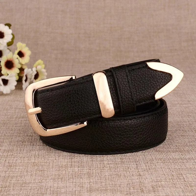 Elegant Genuine Leather Belt with Stylish Gold Buckle: Versatile Sophistication