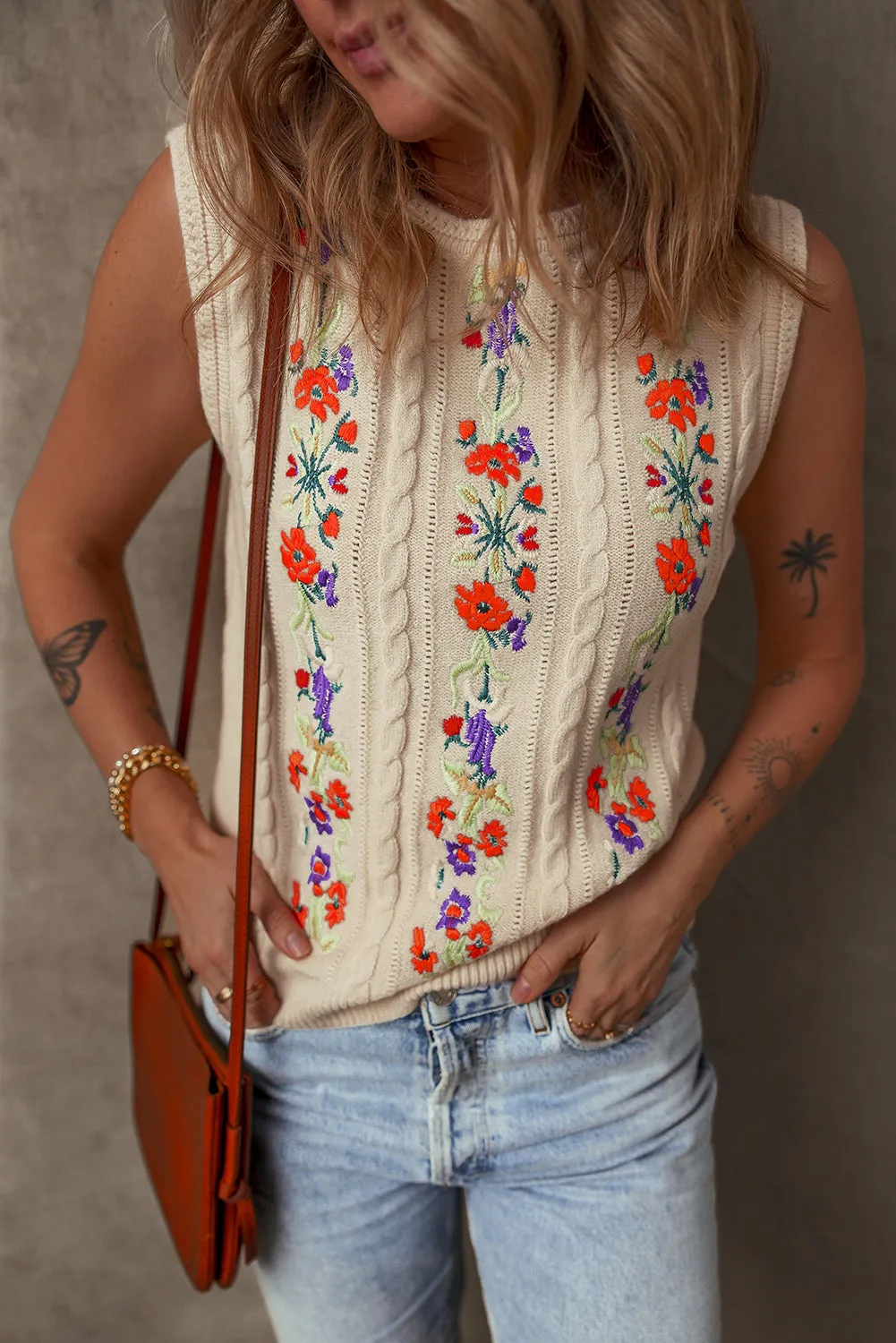 Floral Embroidered Sleeveless Sweater Top