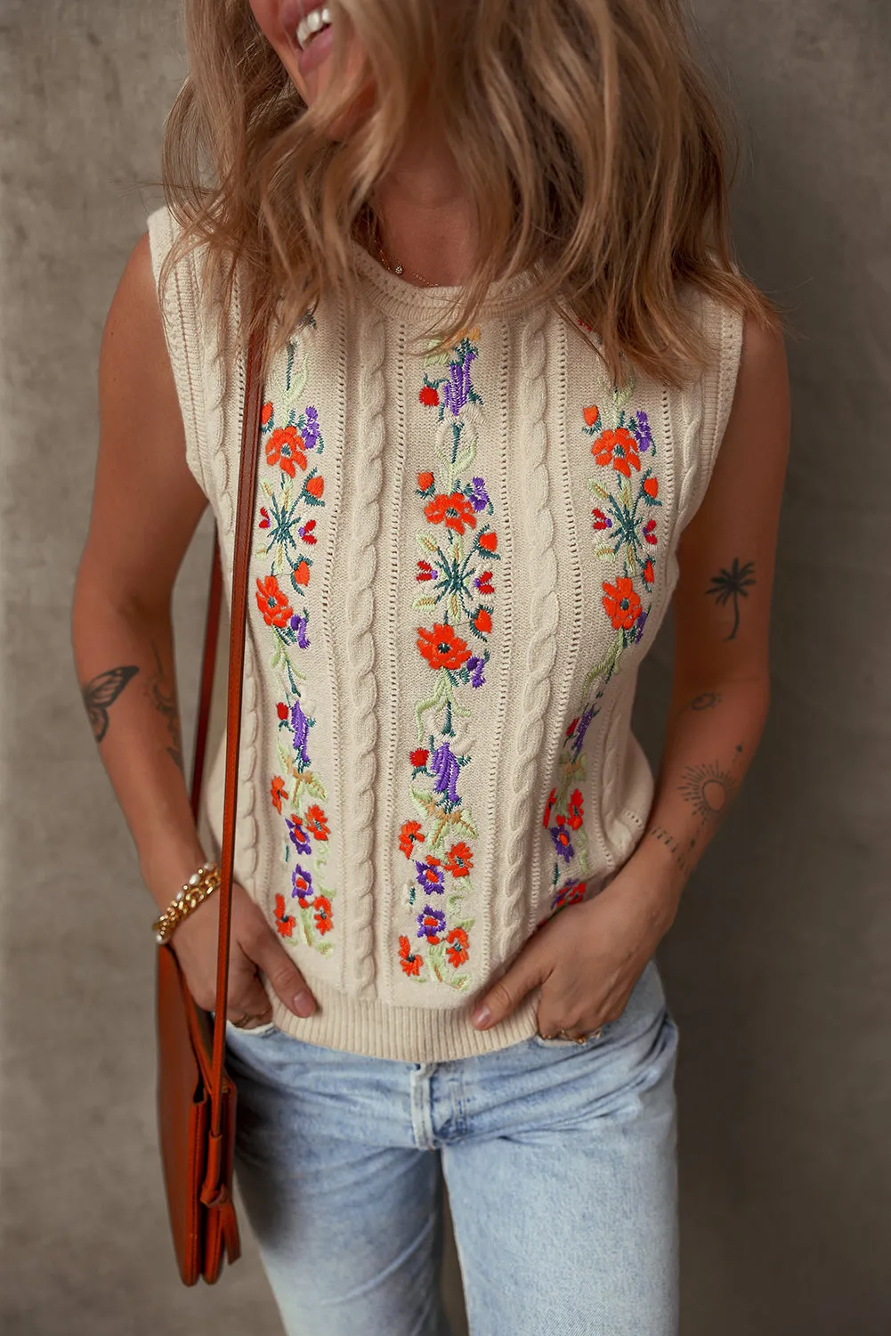 Floral Embroidered Sleeveless Sweater Top