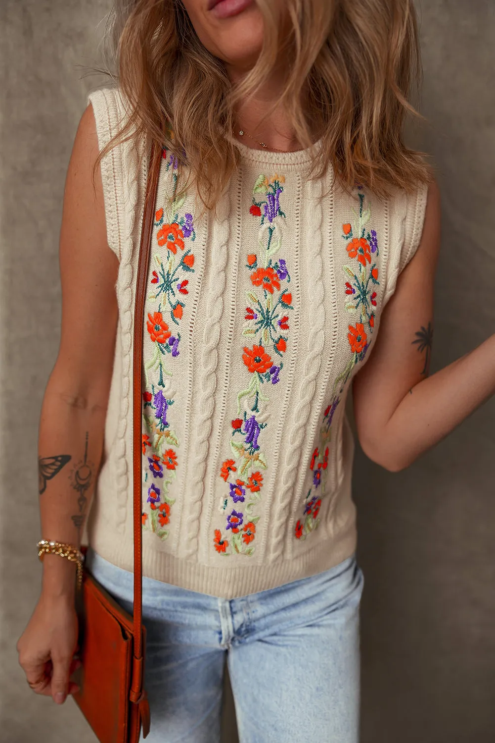 Floral Embroidered Sleeveless Sweater Top