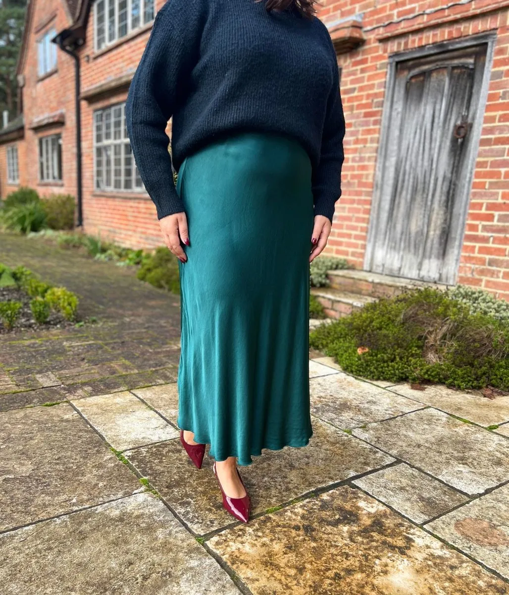 Green Satin Slip Midi Skirt