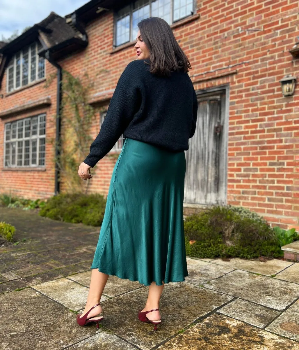 Green Satin Slip Midi Skirt