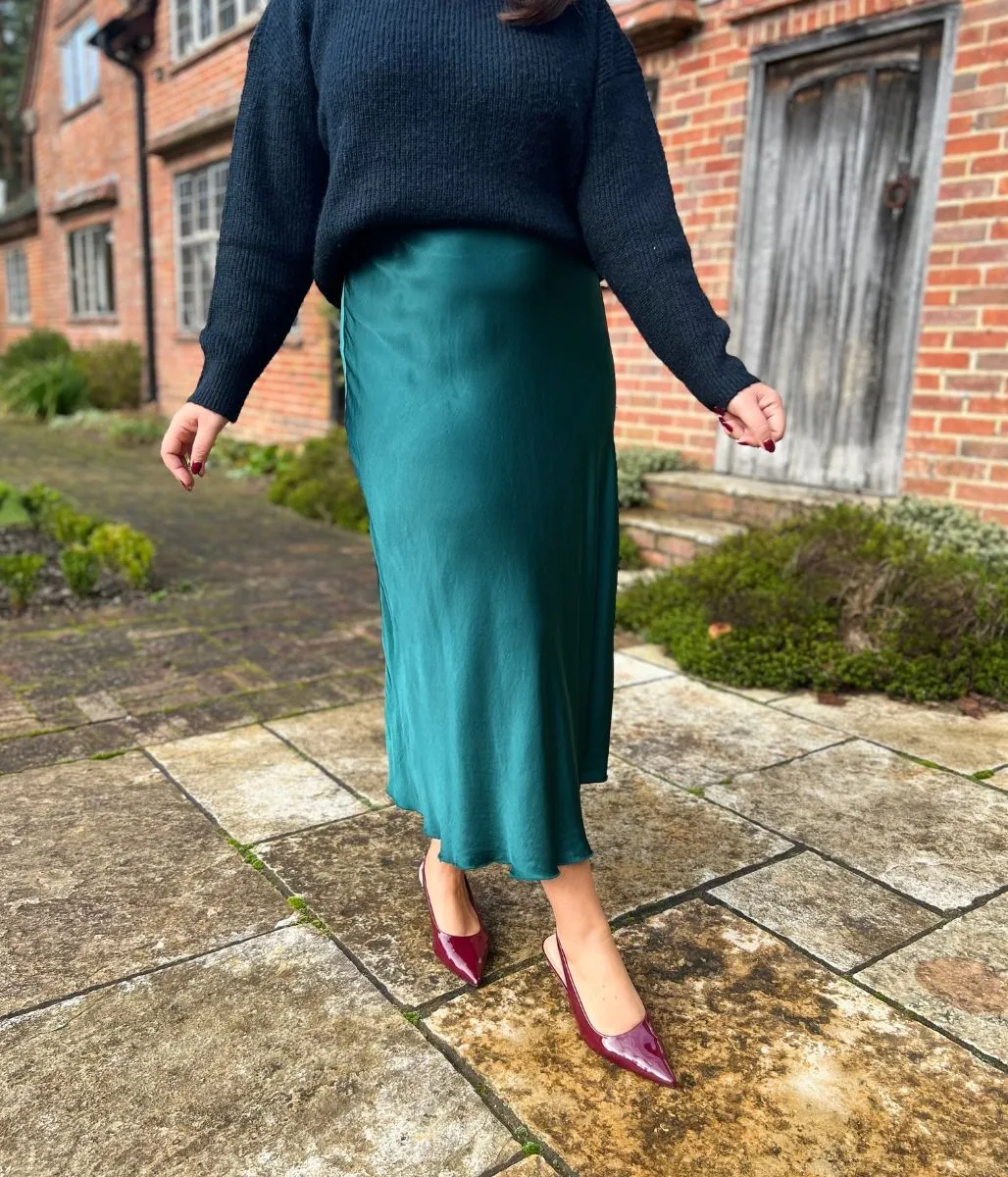 Green Satin Slip Midi Skirt