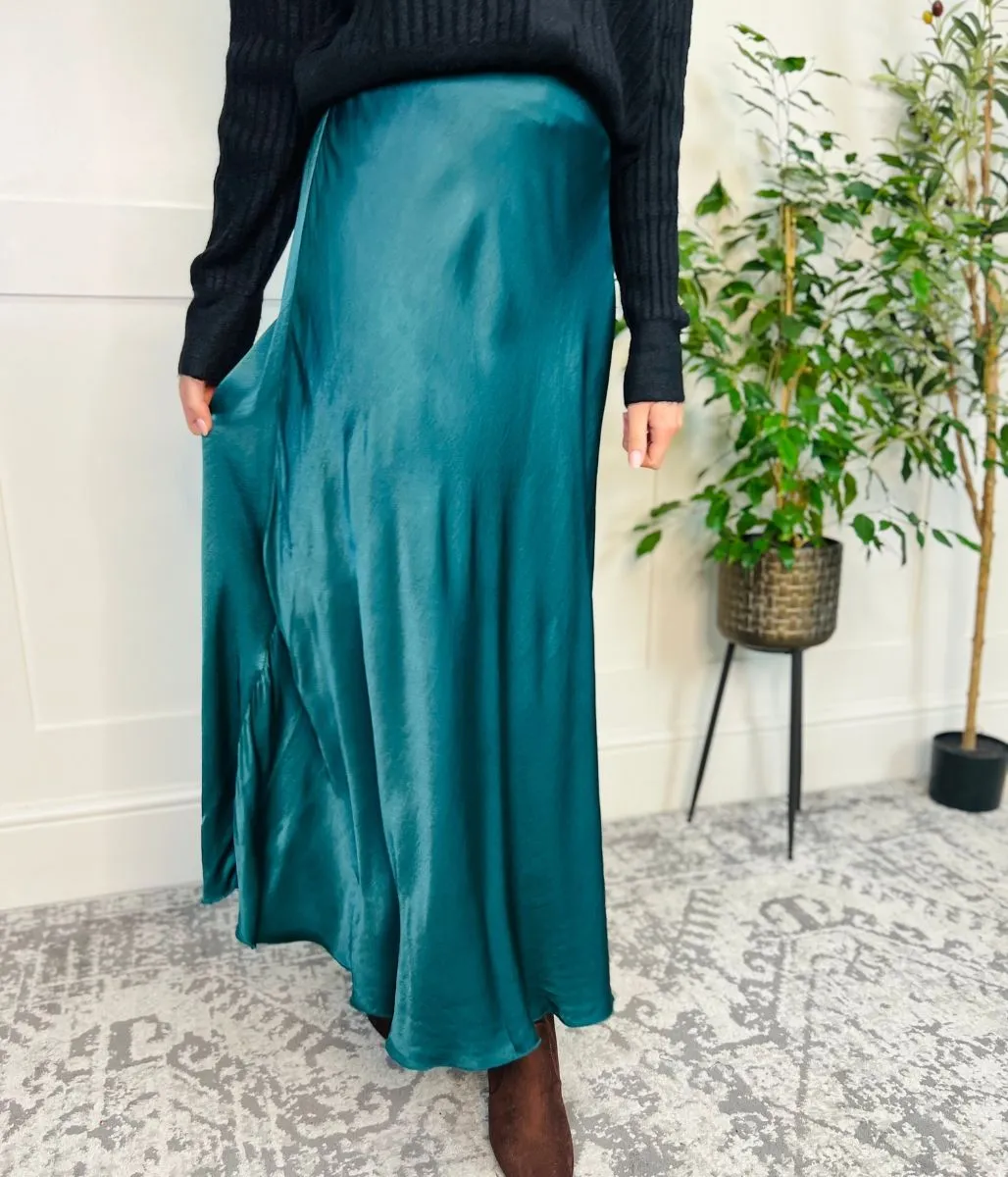 Green Satin Slip Midi Skirt