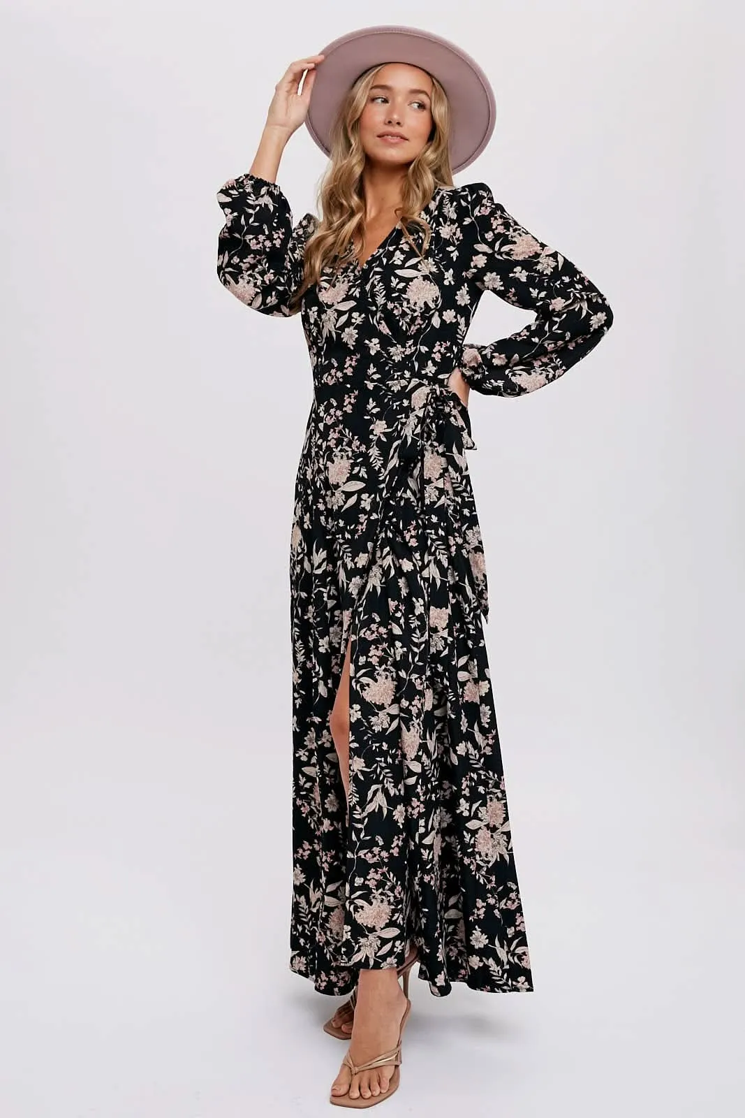 Hazelnut Floral Print Wrap Maxi Dress