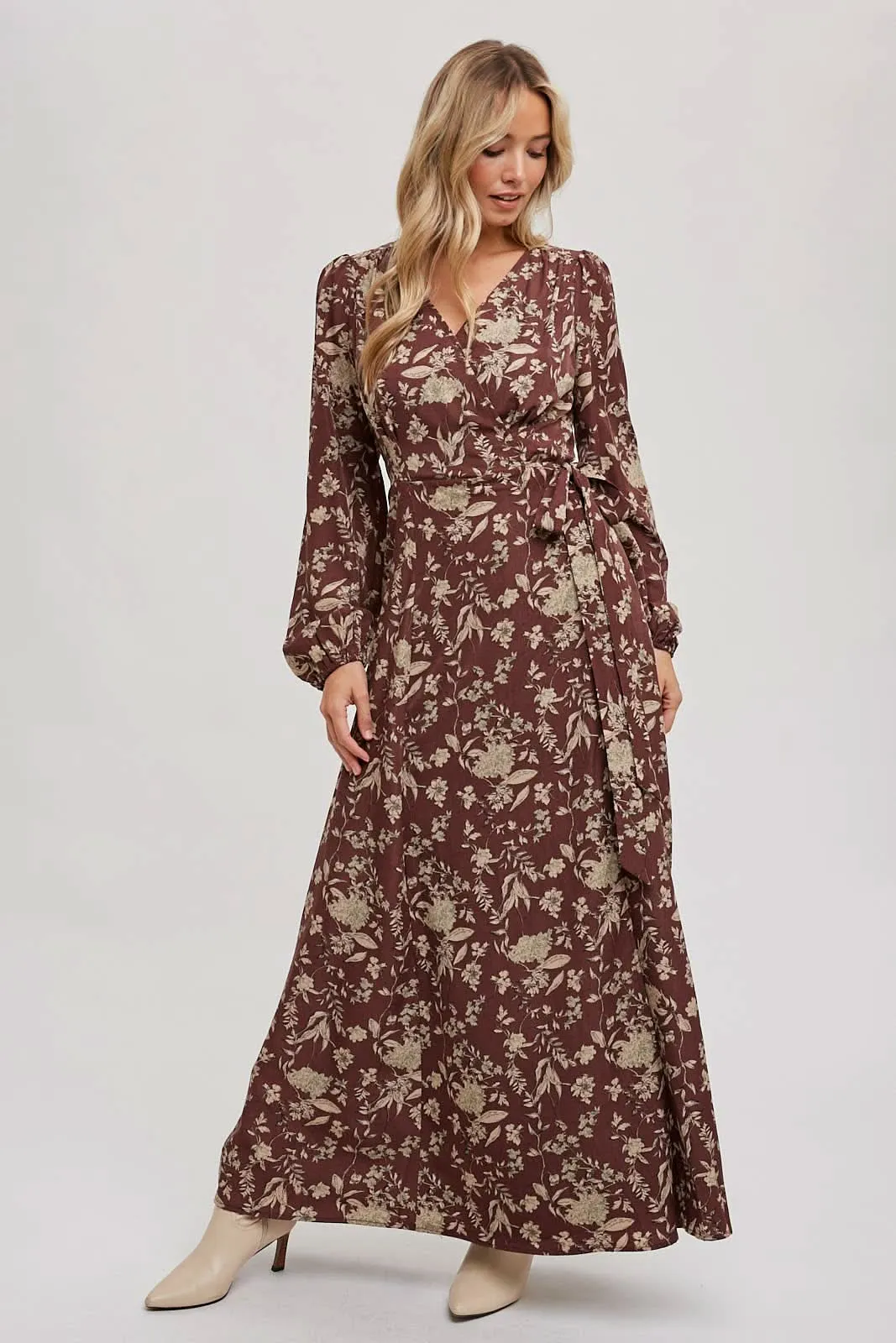 Hazelnut Floral Print Wrap Maxi Dress