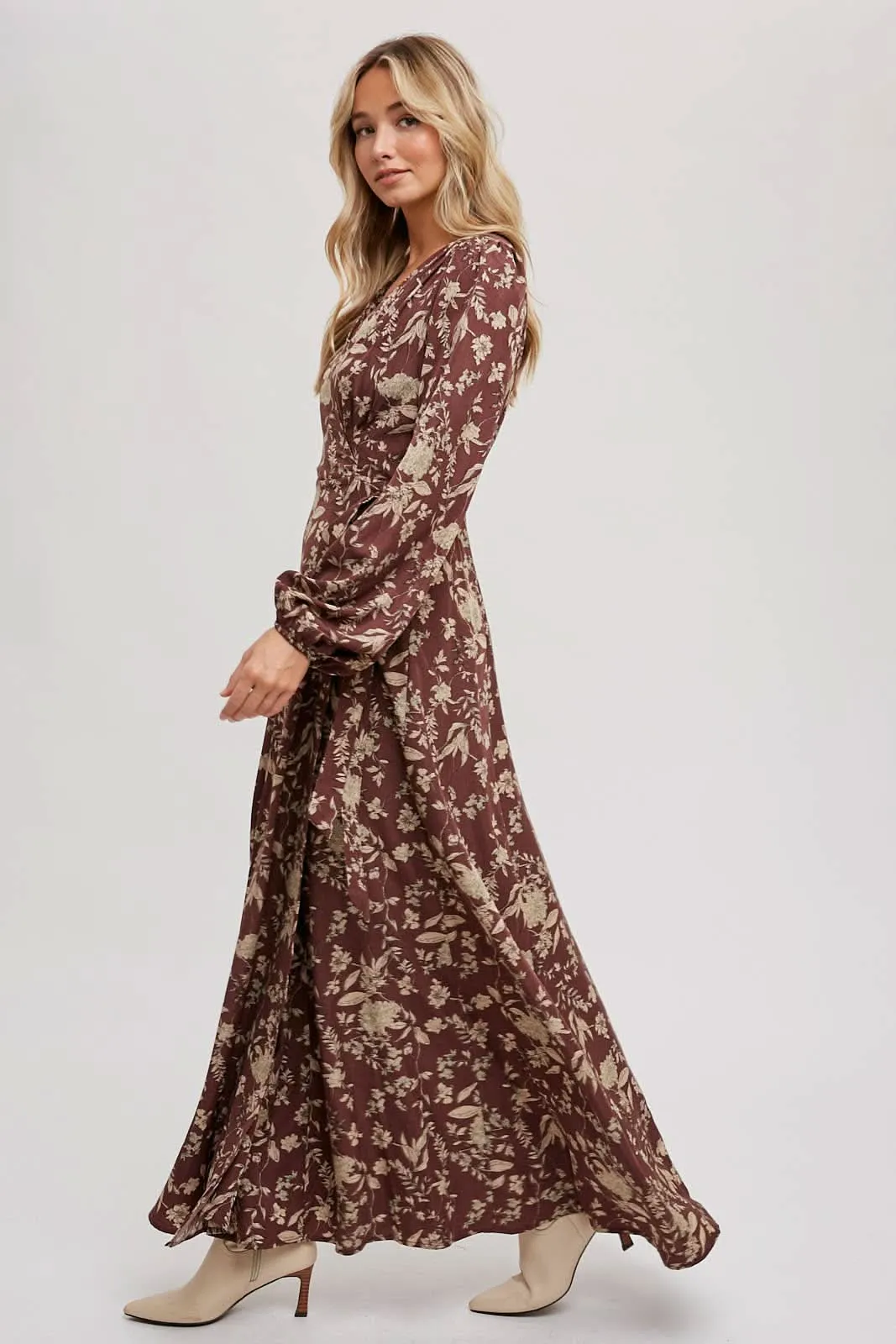 Hazelnut Floral Print Wrap Maxi Dress