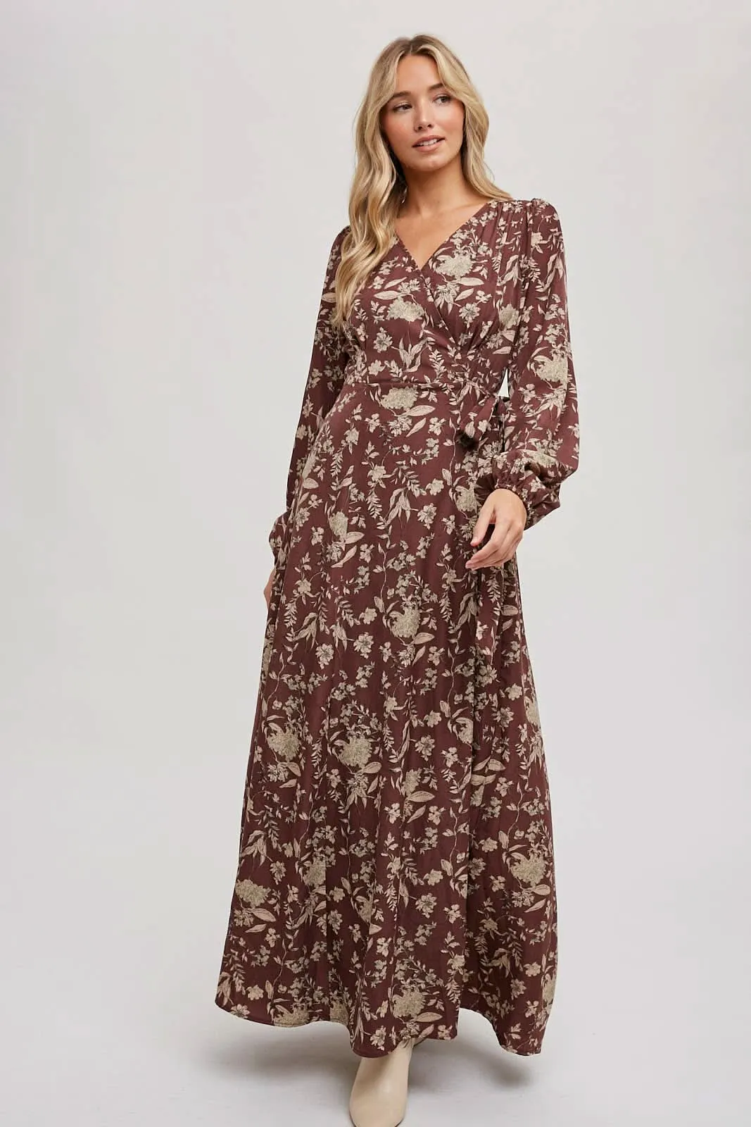 Hazelnut Floral Print Wrap Maxi Dress