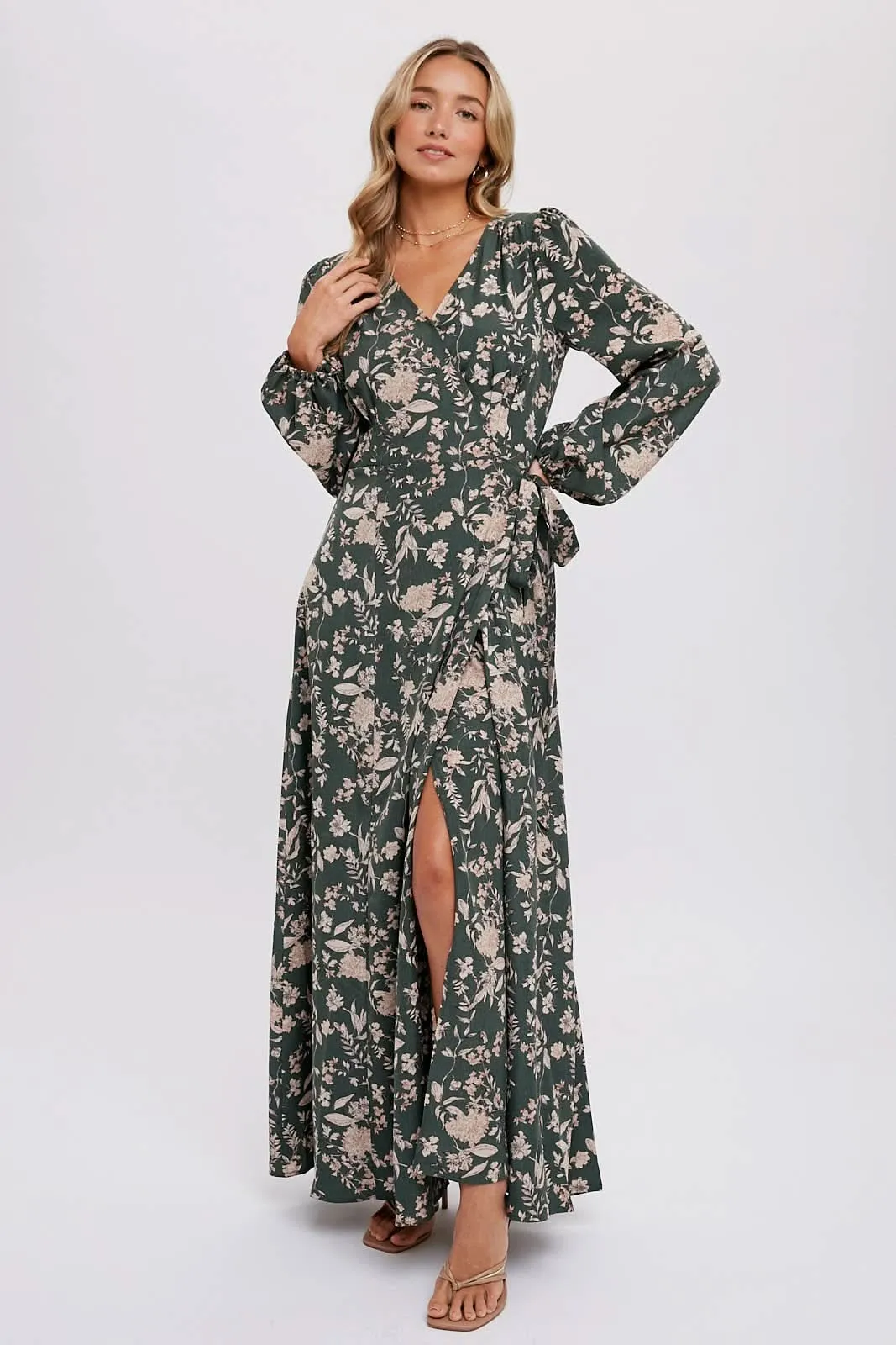 Hazelnut Floral Print Wrap Maxi Dress