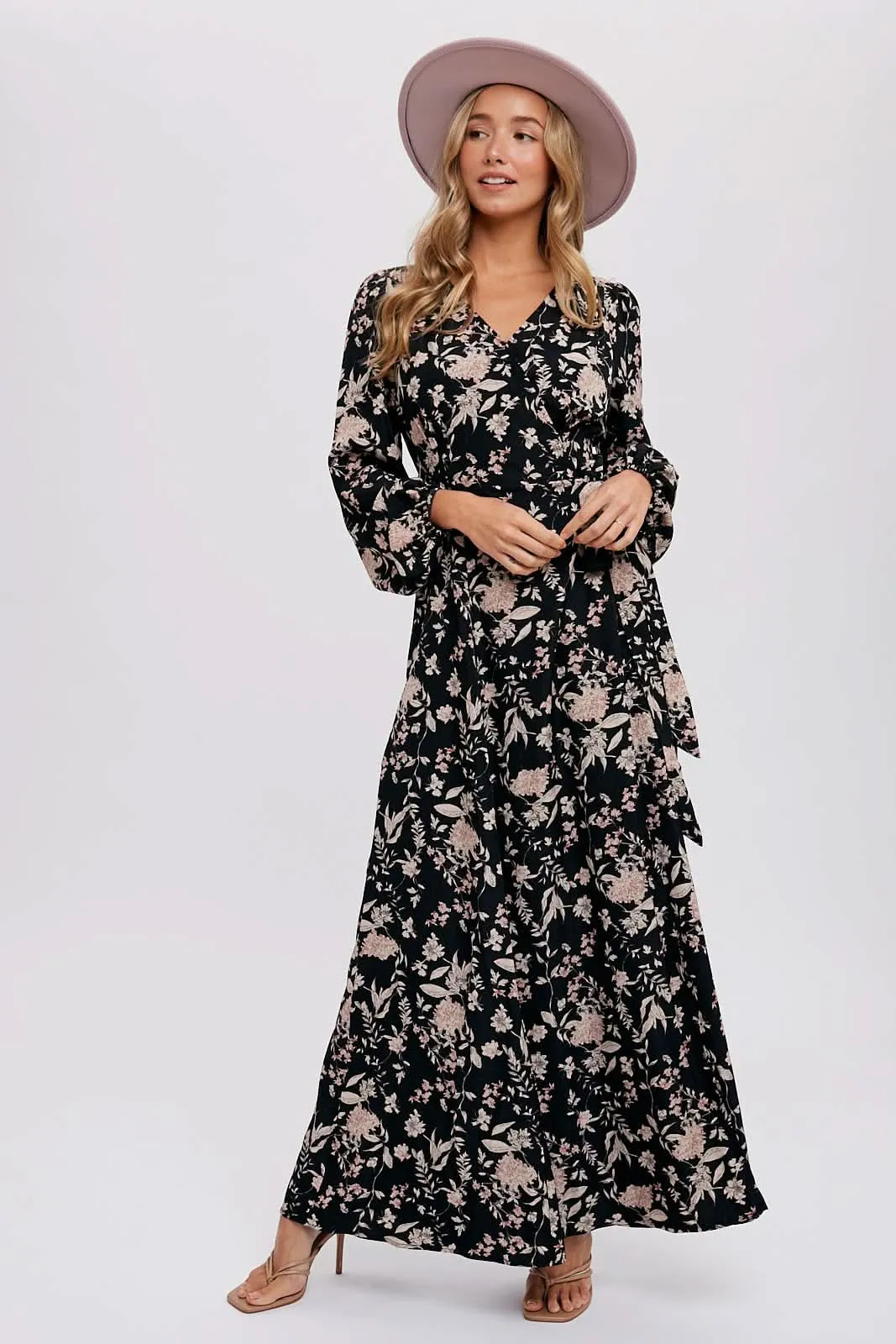 Hazelnut Floral Print Wrap Maxi Dress