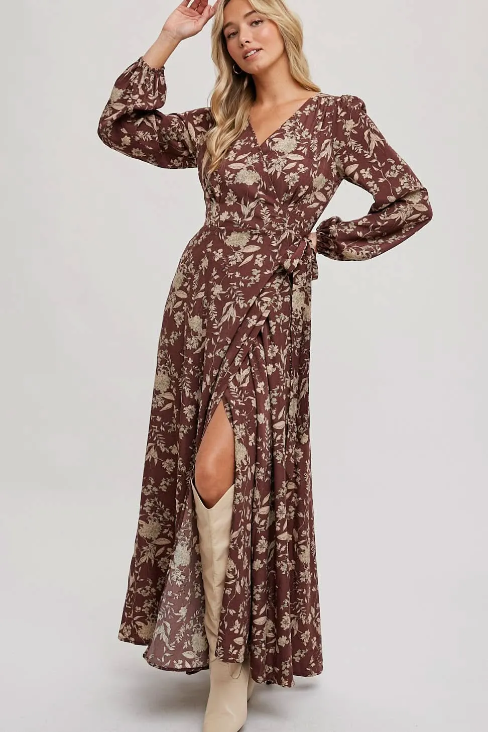 Hazelnut Floral Print Wrap Maxi Dress