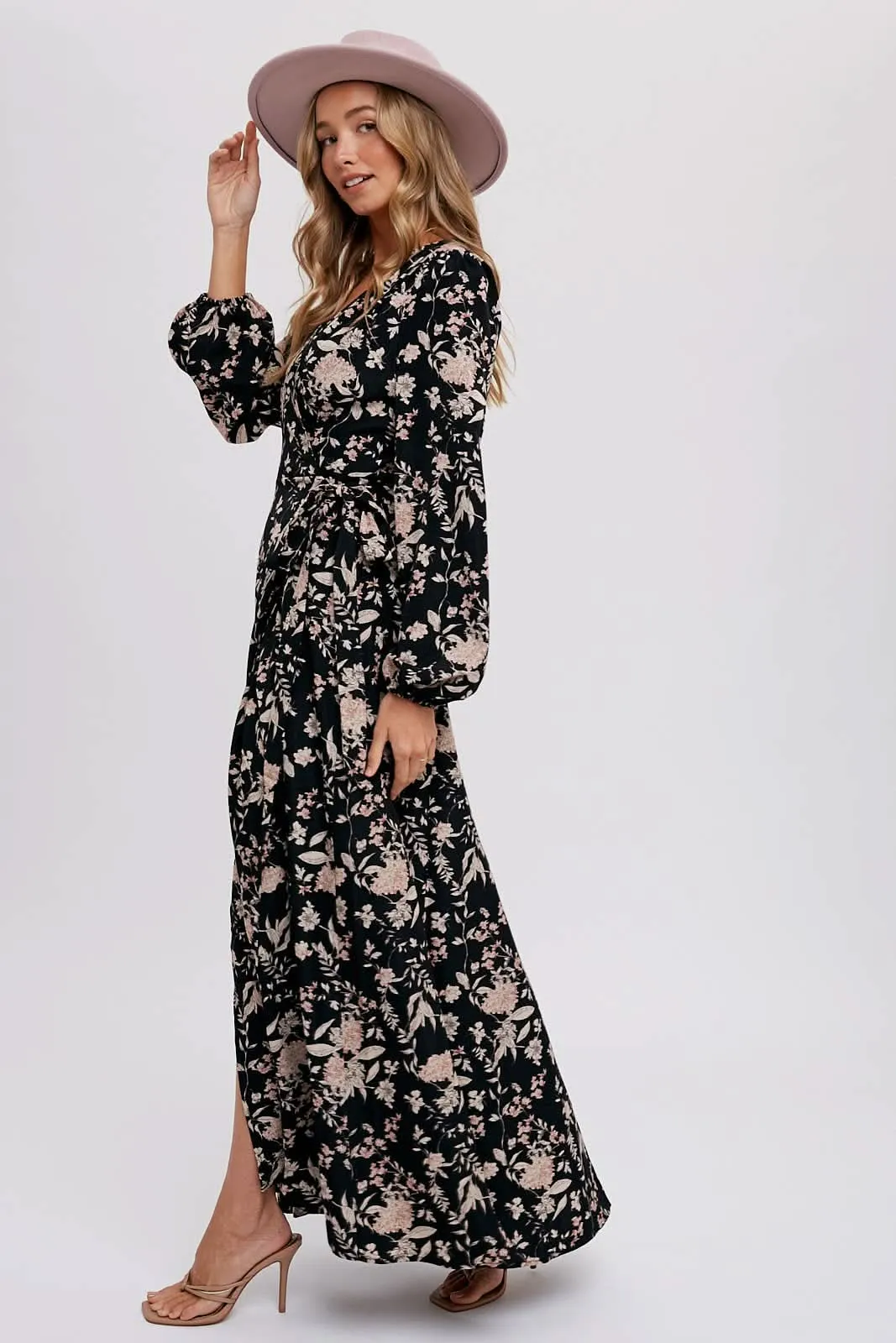 Hazelnut Floral Print Wrap Maxi Dress