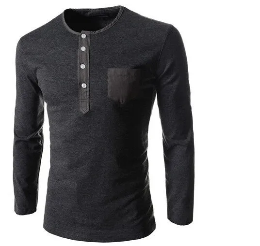 Hot new spring men's long-sleeved round neck collar Slim solid fashion high quality brand polo shirt