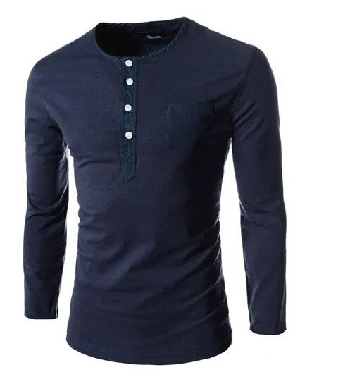 Hot new spring men's long-sleeved round neck collar Slim solid fashion high quality brand polo shirt