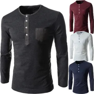 Hot new spring men's long-sleeved round neck collar Slim solid fashion high quality brand polo shirt