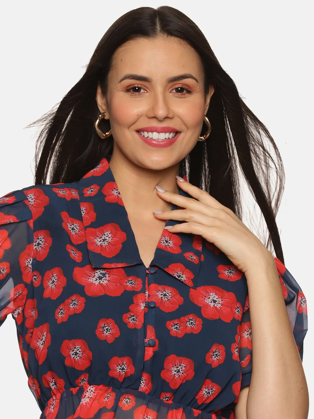 IS.U Floral Navy Blue Collared Peplum Top