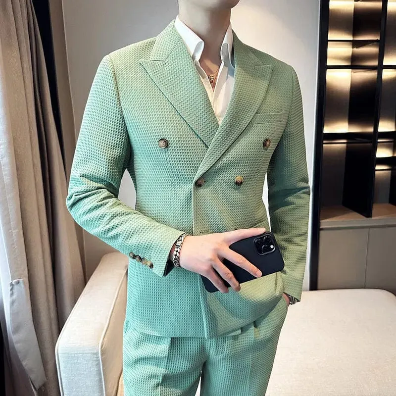 (Jacket & Pants) Premium Double-Breasted Men's Business Suit: Tailored Set for Groom's Wedding Dress or Casual Tuxedo Look