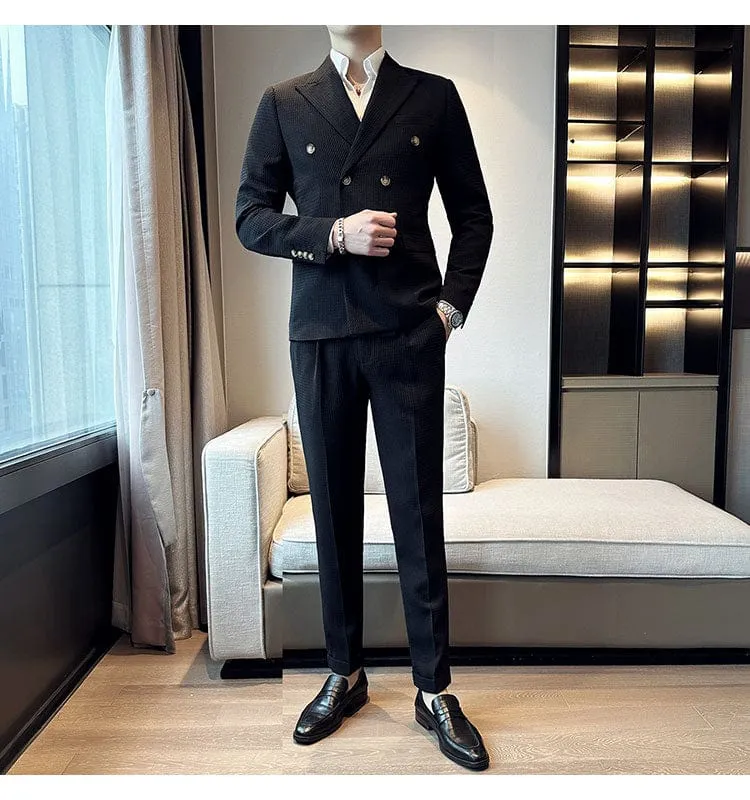 (Jacket & Pants) Premium Double-Breasted Men's Business Suit: Tailored Set for Groom's Wedding Dress or Casual Tuxedo Look